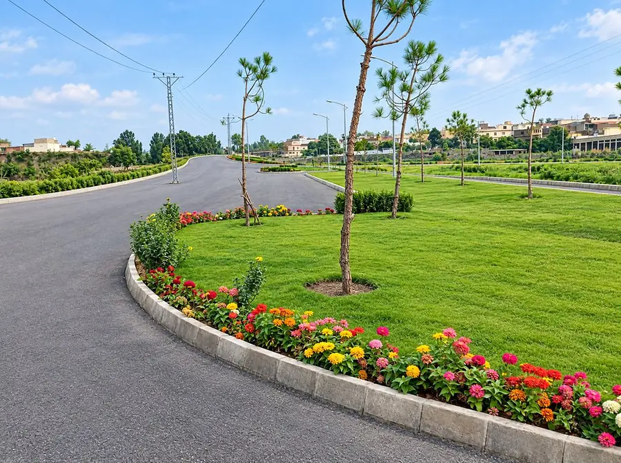 Zinnia flower bed on a lawn by the road
